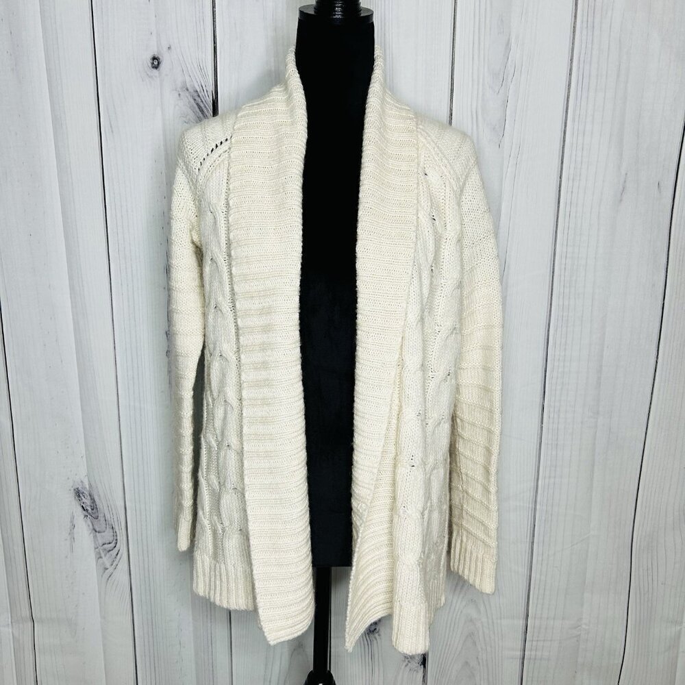 Talbots Women's Chunky Cable Knit Open Front Ivory Cream Color Cardigan Sz S